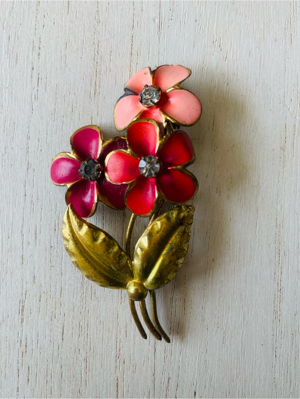 Floral Pink and Fuchsia Enamel Brooch with Rhinestones 1940’s